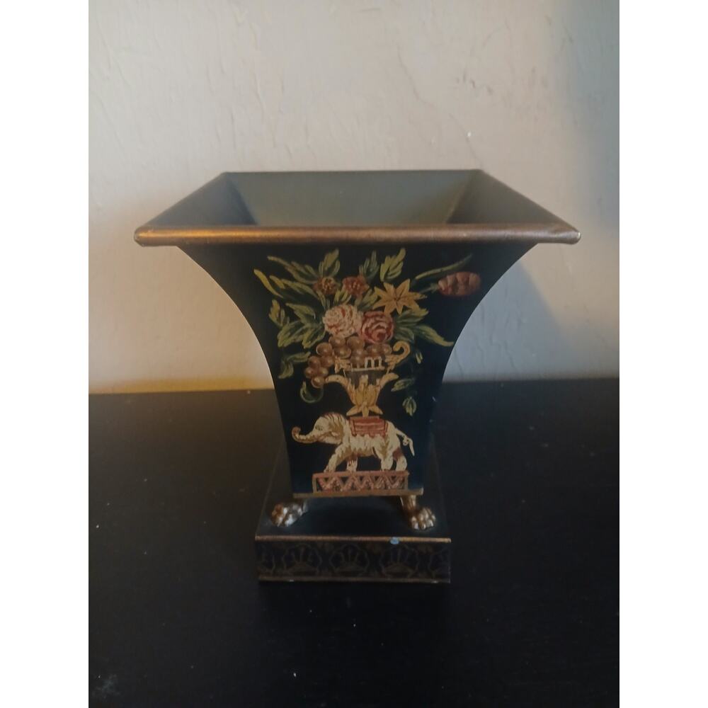 Raymond Watters Black Table Vase Elephant Hand Painted Gold